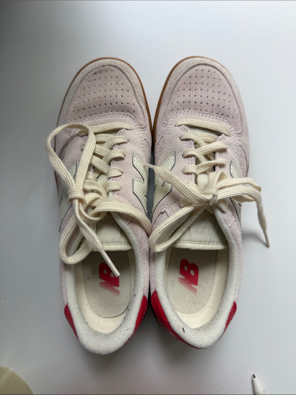New Balance Women's T500 Light Pink Suede Sneakers with Red Heel Accents Size 6